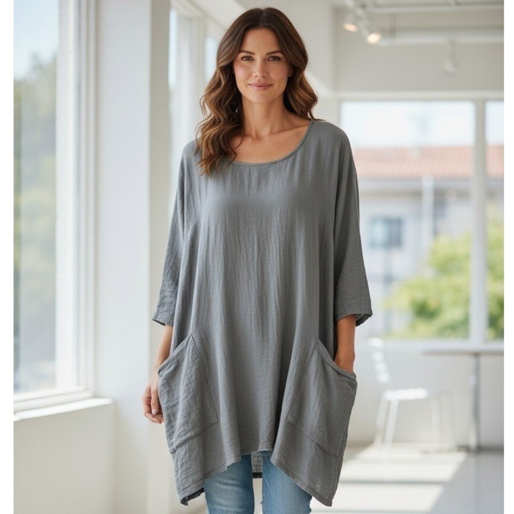 Zenana Gray Cotton Gauze Oversized Tunic Top 3/4 Sleeve Pocket XL